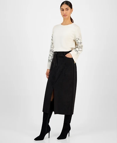 T Tahari Women's Faux-Suede Slit-Front Midi Skirt