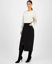 T Tahari Women's Faux-Suede Slit-Front Midi Skirt