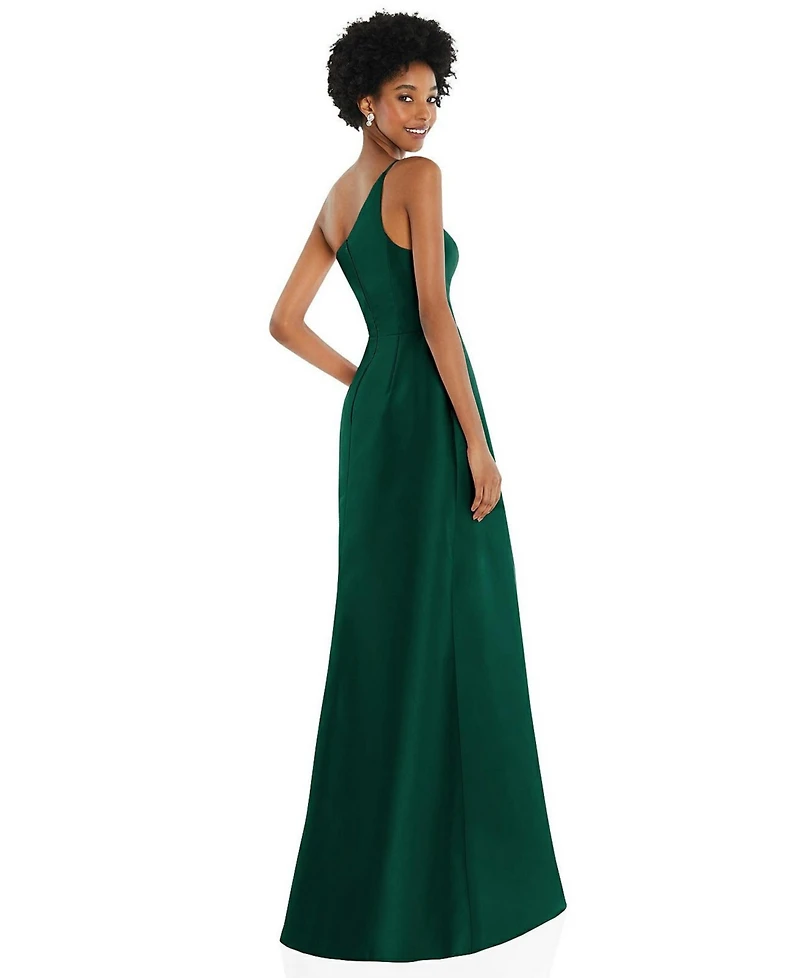Alfred Sung One-Shoulder Satin Gown with Draped Front Slit and Pockets