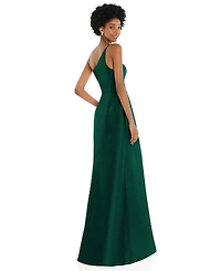Alfred Sung One-Shoulder Satin Gown with Draped Front Slit and Pockets