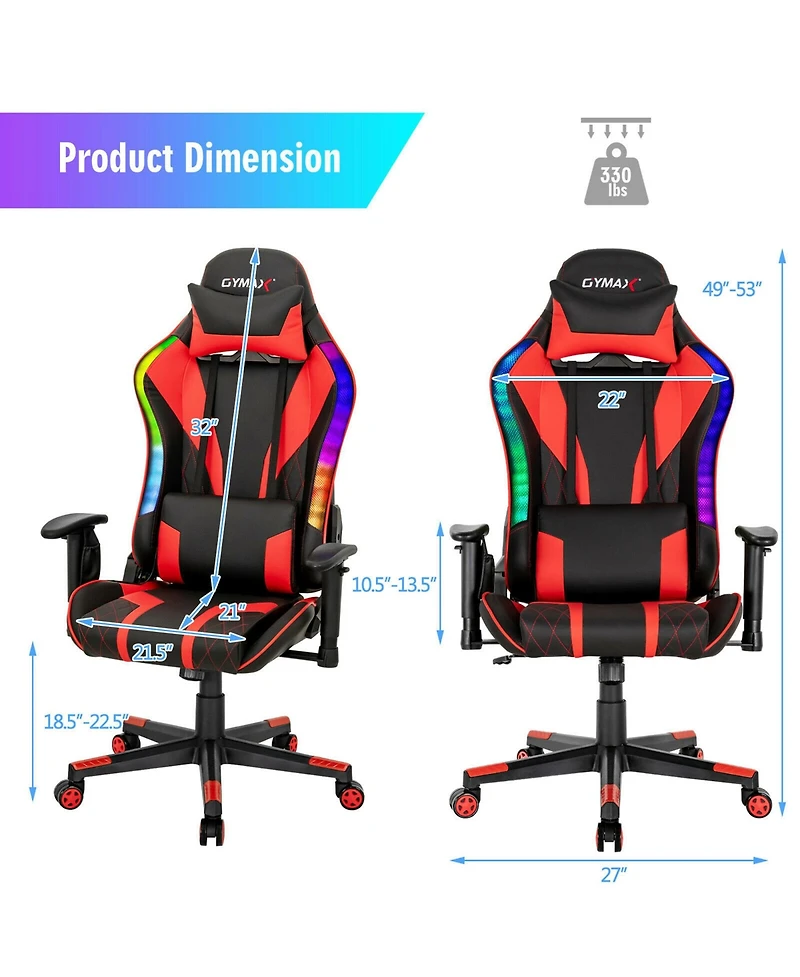 Gymax Gaming Chair Adjustable Swivel Computer Chair w/ Dynamic Led Lights
