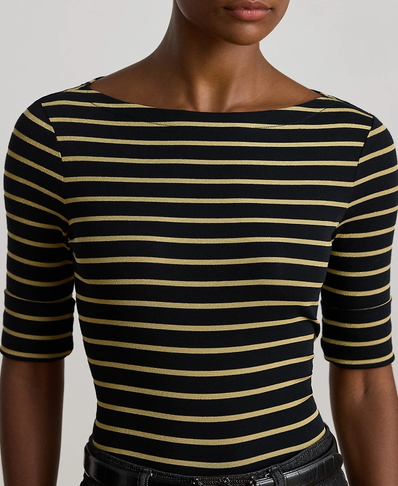 Lauren Ralph Petite Metallic Striped Boat Neck T-Shirt