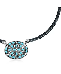 American West Jewelry Sterling Silver Kingman Turquoise Oval Pendant Black Leather Necklace, 17 to 20 Inches