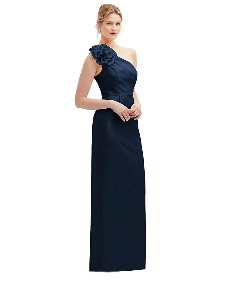 Alfred Sung Plus Oversized Flower One-Shoulder Satin Column Dress