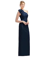 Alfred Sung Plus Oversized Flower One-Shoulder Satin Column Dress
