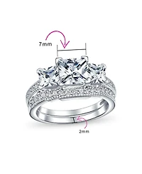 Bling Jewelry Classic 3CT Square Princess Cut Three Stone Past Present Future Cubic Zirconia Milgrain Promise Ring Band Set Sterling Silver