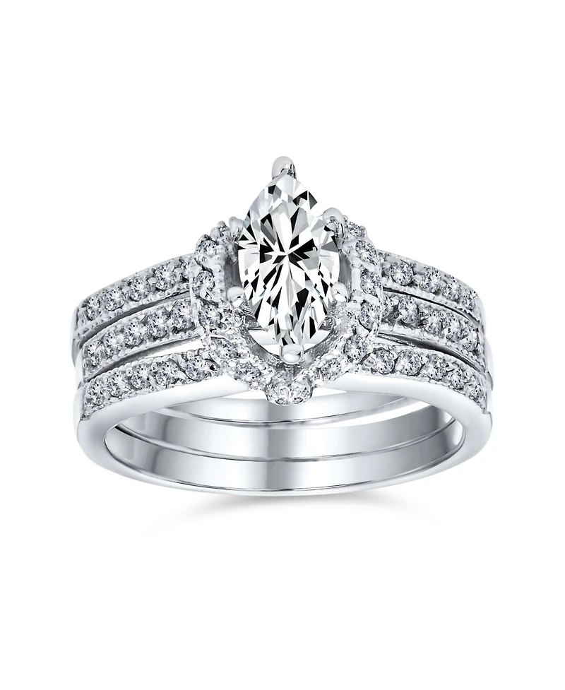 Bling Jewelry 2CT Solitaire Marquise Cubic Zirconia Halo Statement Promise Ring Set With Guard Inset Enhancer Band Sterling Silver