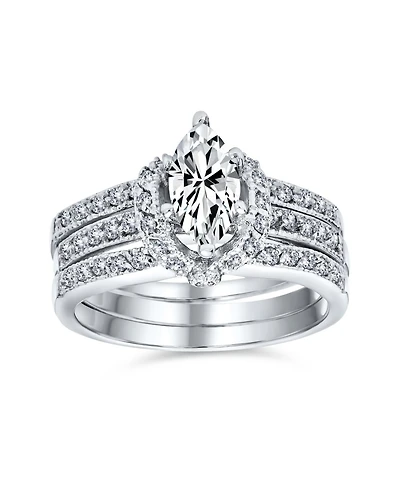 Bling Jewelry 2CT Solitaire Marquise Cubic Zirconia Halo Statement Promise Ring Set With Guard Inset Enhancer Band Sterling Silver