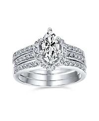 Bling Jewelry 2CT Solitaire Marquise Cubic Zirconia Halo Statement Promise Ring Set With Guard Inset Enhancer Band Sterling Silver
