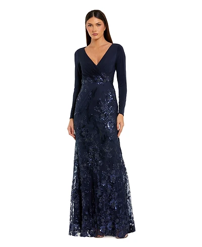 Mac Duggal Embellished Long Sleeve Wrap Over Trumpet Gown