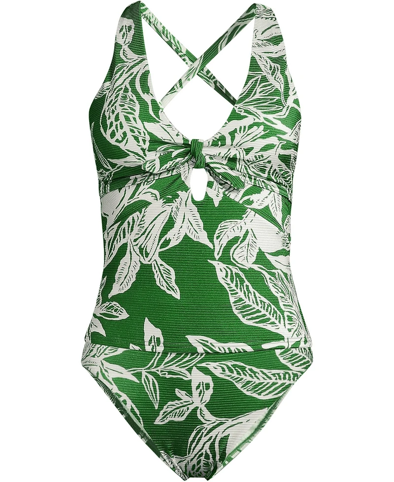 Lands' End Women's Plus Shine Ribbed Tankini Top and High Waisted Bottom Swimsuit Set