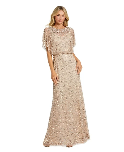 Mac Duggal Women's Short Sleeve Beaded Blouson A-line Gown