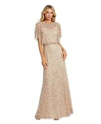 Mac Duggal Women's Short Sleeve Beaded Blouson A-line Gown
