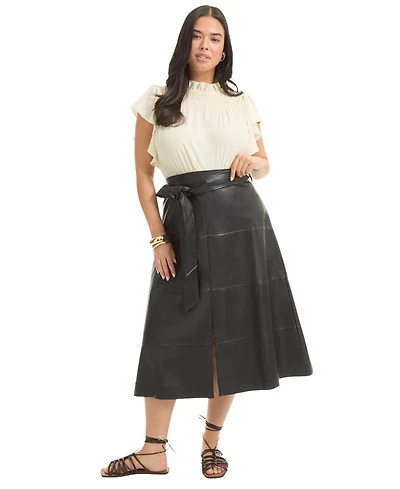 June + Vie Women's Plus Paneled Faux Leather Midi Skirt