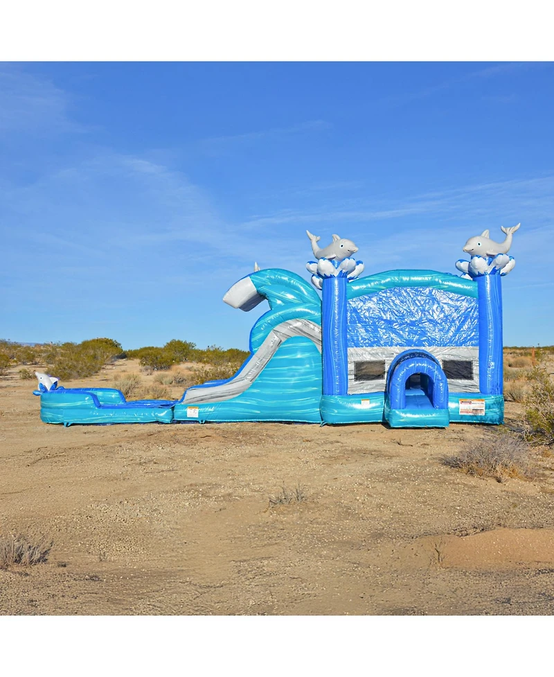 JumpOrange Dolphins Commercial Grade Bounce House Water Slide with Dual Lane and Detachable Pool for Kids and Adults (with Blower), Tunnel Entrance, B