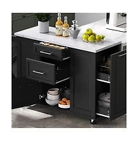 Maison Boucle 50.7" Rolling Kitchen Island with Drop Leaf, Hidden Trash Cabinet, Wood Top, Pull-Out Organizer-Maison Boucle
