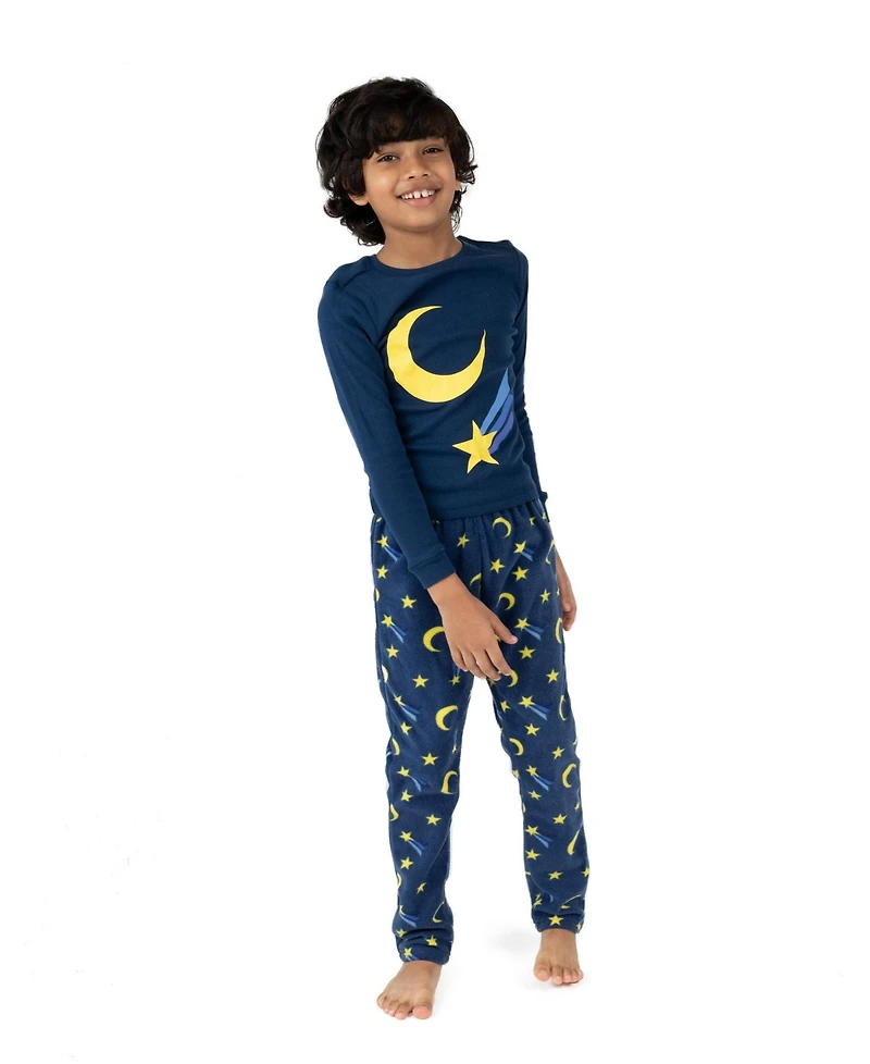 Leveret Kids Cotton Top and Fleece Pants Pajamas, Moon Print, Matching Family Pajamas