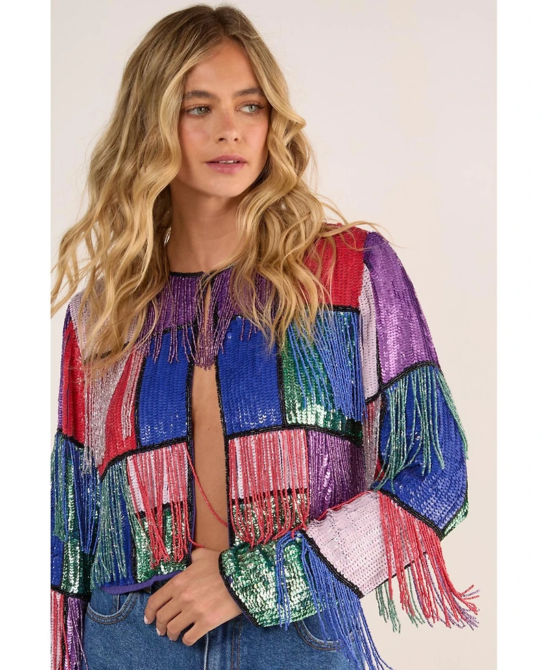 Nasty Gal Women's Colour Block Check Tassel Sequin Jacket