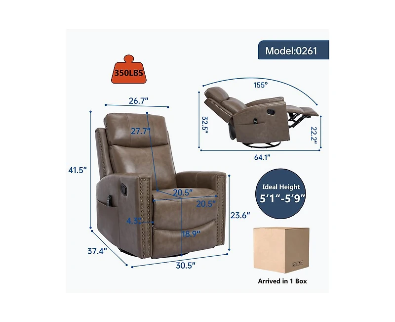 Casainc Genuine Leather Heat Massage Manual Recliner Chair with Rocker and Swivel