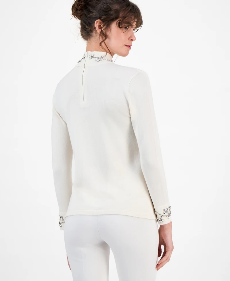 Anne Klein Women's Embellished Rhinestone-Detail Turtleneck Sweater