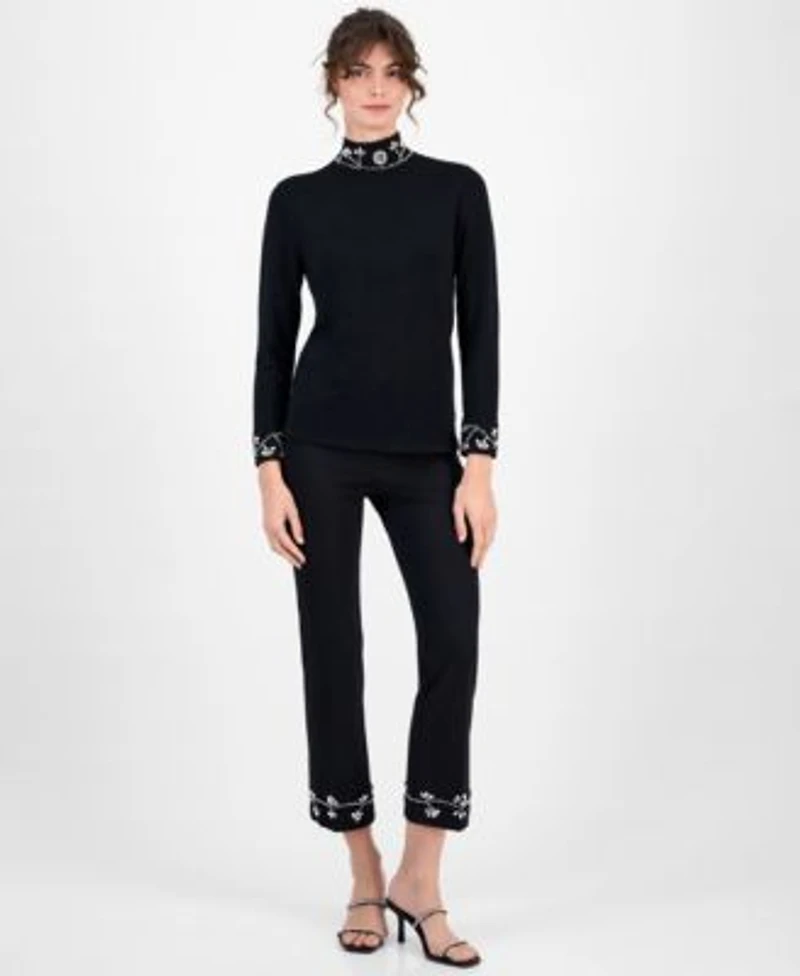 Anne Klein Womens Embellished Mock Neck Sweater Embellished Pull On Kick Flare Pants