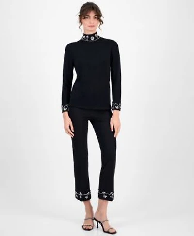 Anne Klein Womens Embellished Mock Neck Sweater Embellished Pull On Kick Flare Pants