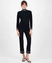 Anne Klein Womens Embellished Mock Neck Sweater Embellished Pull On Kick Flare Pants