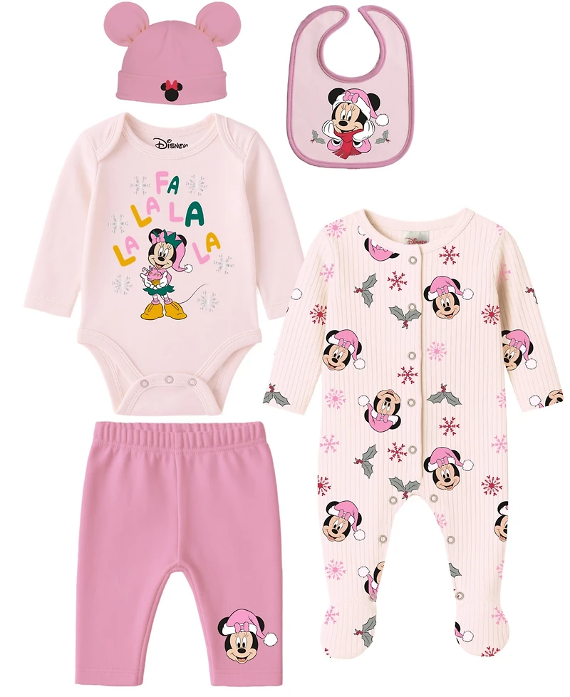 Disney Baby Girls 5-Piece Minnie Mouse Coverall, Bodysuit, Cap, Bib and Pants Set