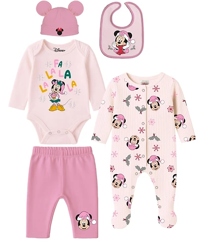 Disney Baby Girls 5-Piece Minnie Mouse Coverall, Bodysuit, Cap, Bib and Pants Set