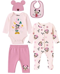 Disney Baby Girls 5-Piece Minnie Mouse Coverall, Bodysuit, Cap, Bib and Pants Set