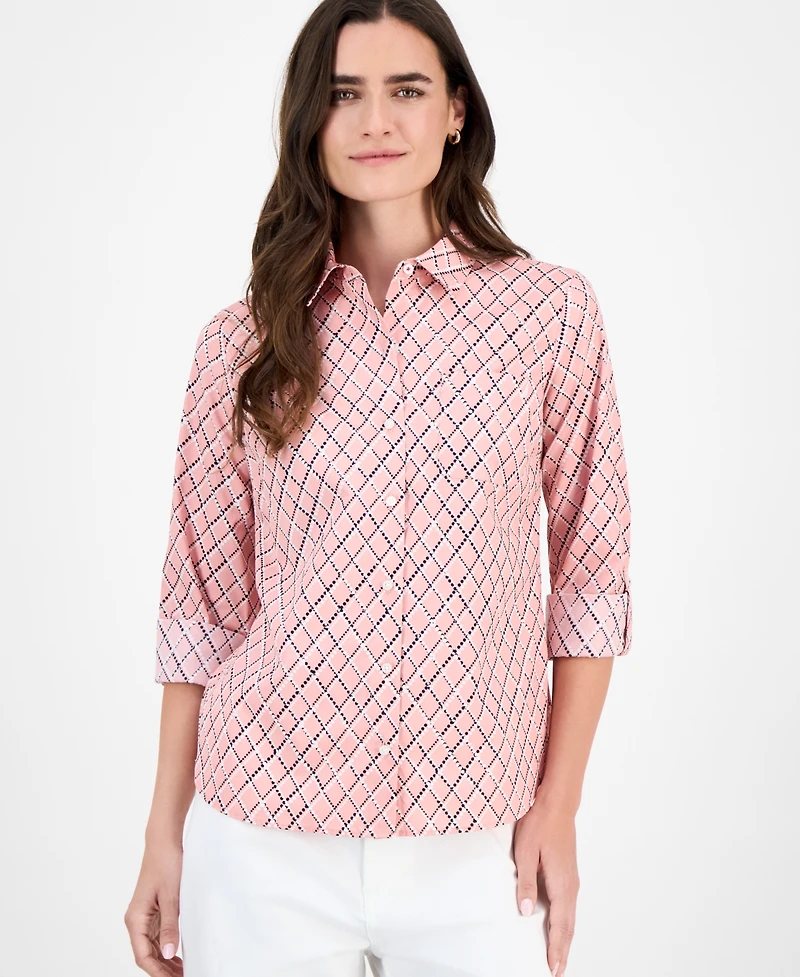 Nautica Jeans Women's Cotton Argyle Dot Roll-Tab Shirt