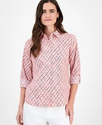Nautica Jeans Women's Cotton Argyle Dot Roll-Tab Shirt