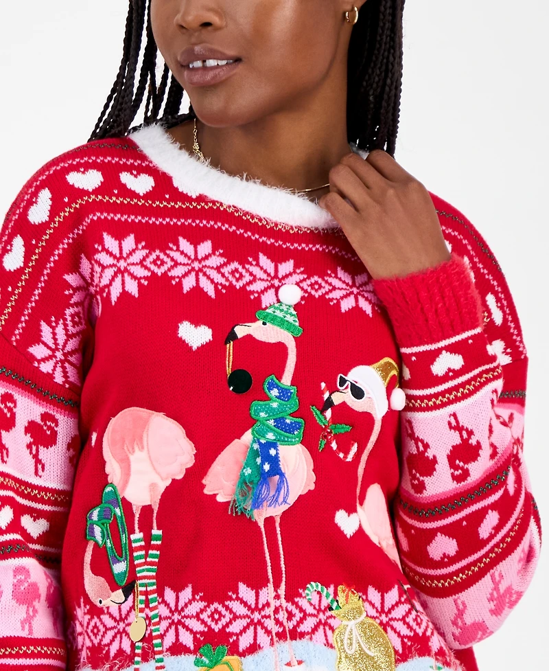Hooked Up by Iot Juniors' Festive Flamingo Pullover Sweater