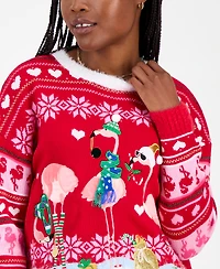 Hooked Up by Iot Juniors' Festive Flamingo Pullover Sweater