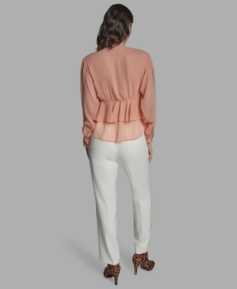 Bcbg Women's Long Sleeve Ruffle V-Neck Blouse