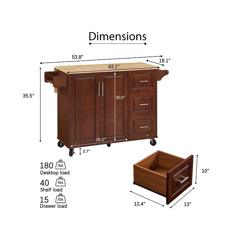 Maison Boucle 53.8" Rolling Kitchen Island with Drop Leaf, Storage Cabinet, 3 Drawers & Wood Top, Mobile Cart on Wheels