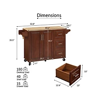Maison Boucle 53.8" Rolling Kitchen Island with Drop Leaf, Storage Cabinet, 3 Drawers & Wood Top, Mobile Cart on Wheels