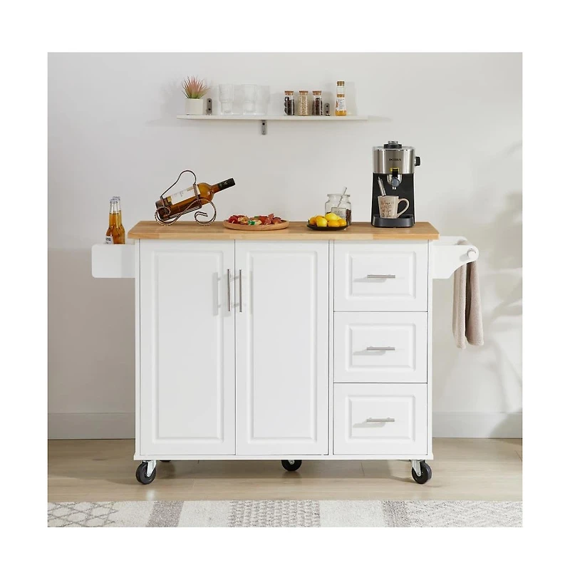 Maison Boucle 53.8" Rolling Kitchen Island with Drop Leaf, Storage Cabinet, 3 Drawers & Wood Top, Mobile Kitchen Cart on Wheels