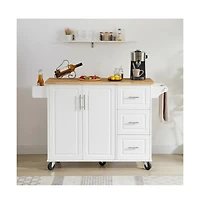 Maison Boucle 53.8" Rolling Kitchen Island with Drop Leaf, Storage Cabinet, 3 Drawers & Wood Top, Mobile Kitchen Cart on Wheels