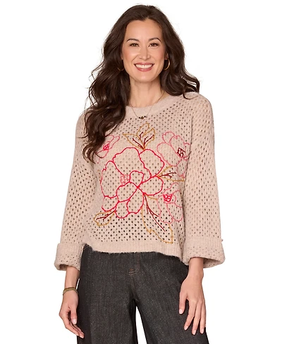 Democracy Women's Floral Embroidered Round Neck Sweater