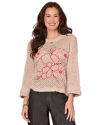 Democracy Women's Floral Embroidered Round Neck Sweater