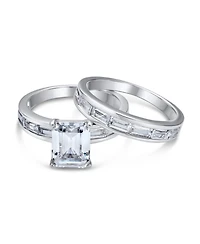 Bling Jewelry Art Deco Style 2CT Cz Emerald Cut & Channel Baguette Band Promise Ring Set Sterling Silver