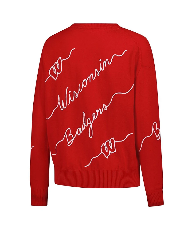Kadyluxe Women's Red Wisconsin Badgers Love Note Embroidered Pullover Sweater
