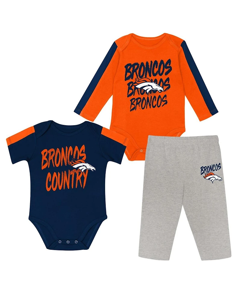 Outerstuff Baby Boys and Girls 3-Piece Orange/Navy Denver Broncos Double Down Creeper Pants Set