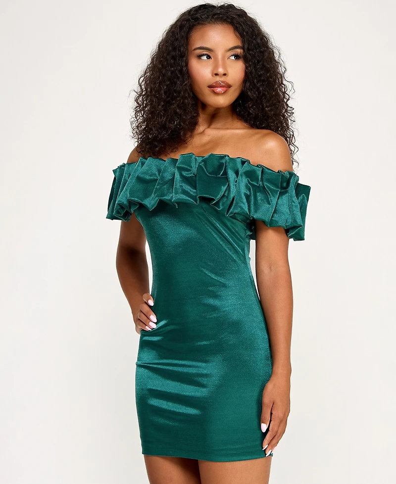 City Studios Juniors' Ruffled-Off-The-Shoulder Bodycon Shimmer Dress