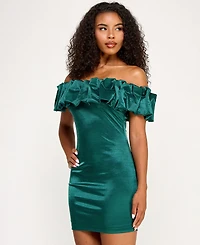City Studios Juniors' Ruffled-Off-The-Shoulder Bodycon Shimmer Dress