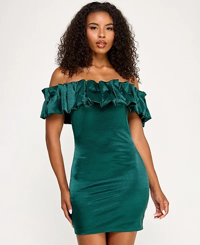 City Studios Juniors' Ruffled-Off-The-Shoulder Bodycon Shimmer Dress