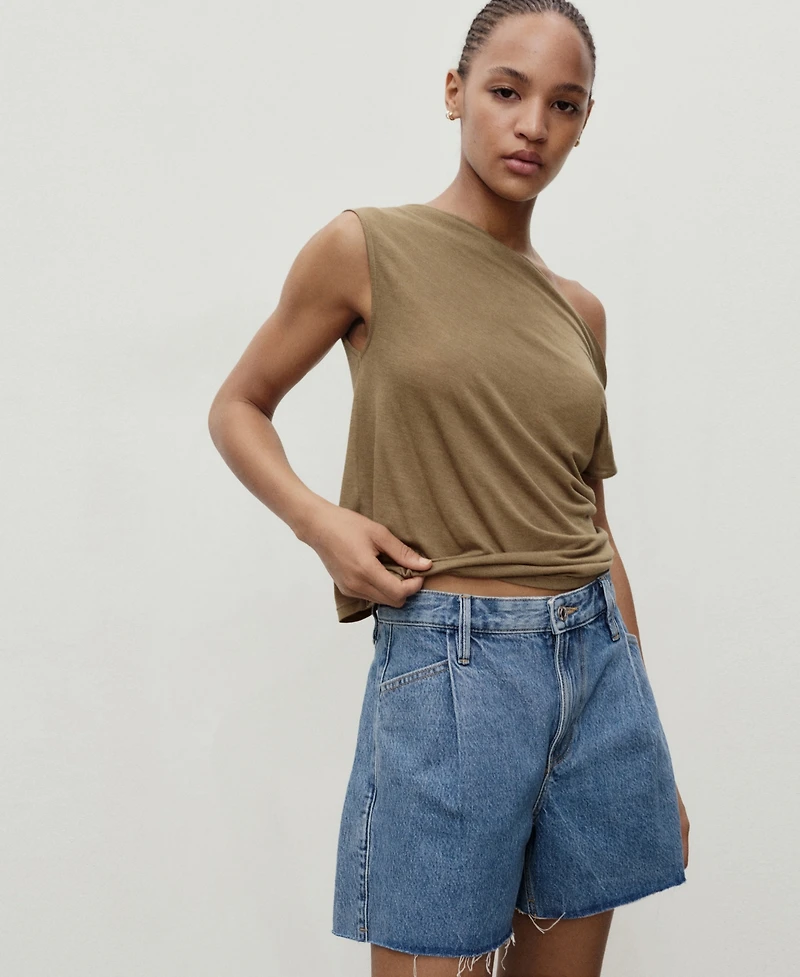 Mango Women's Frayed Hem and Pleats Denim Shorts