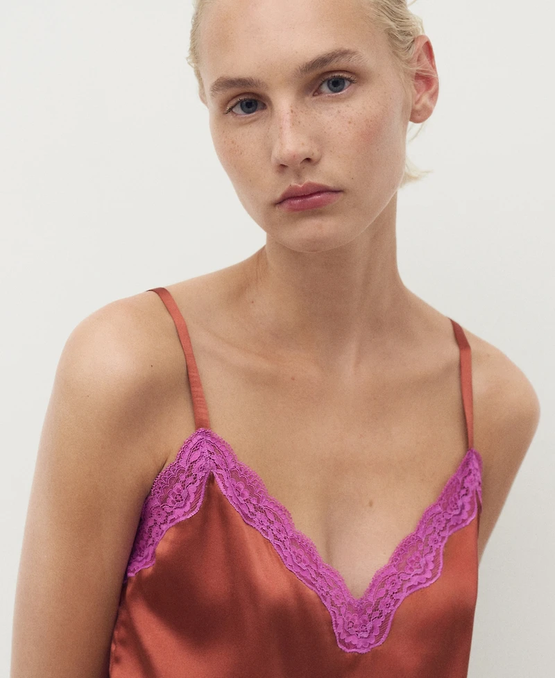 Mango Women's Contrasting Lace Silk Top