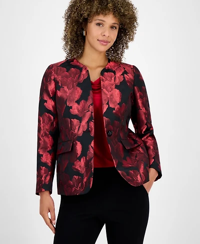 Kasper Petite Floral Jacquard One Button Collarless Jacket
